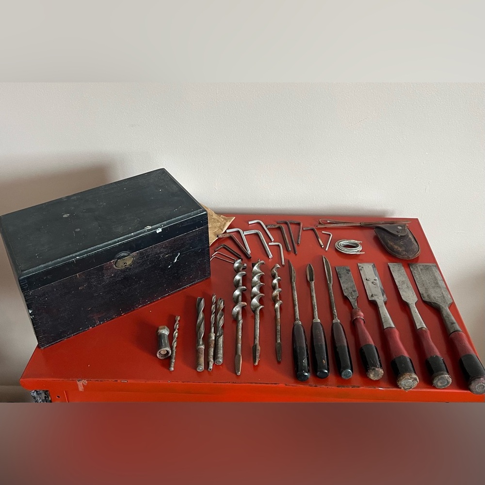 Vintage Hand Tool Sets Winchester/Marcy Chisels & drill-bits Wooden Storage Box